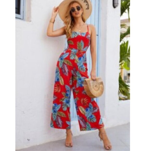 SHEIN | Red Tropical Print Strappy Back Wide Leg Jumpsuit - Picture 1 of 9